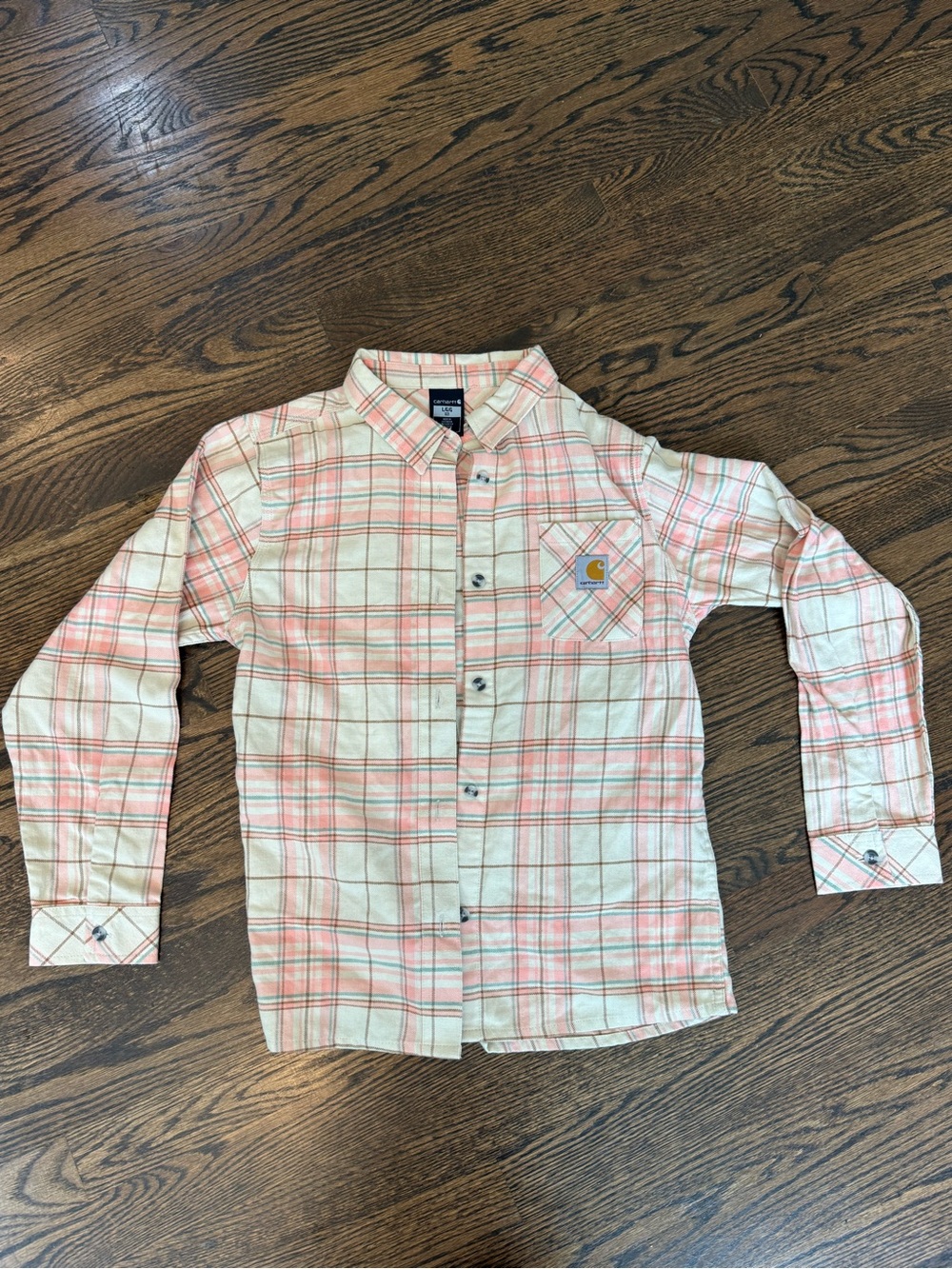 Carhartt Kids Cream and Pink Plaid Button-Down Shirt Girls Large